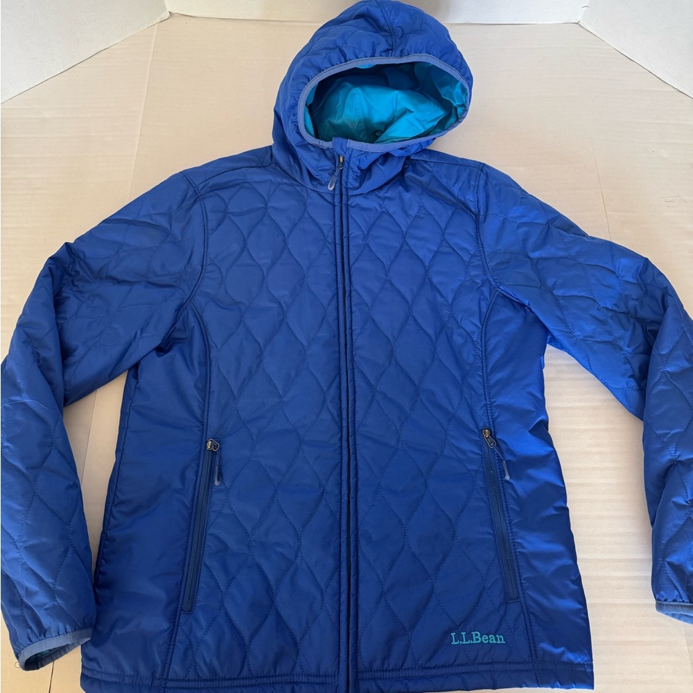 L.L.Bean Quilted Puffer Jacket Hooded Reversible Blue/ Teal Women’s Small Petite